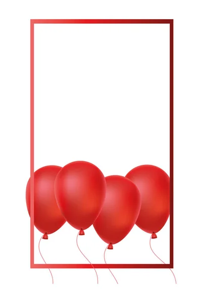 Quadratischer Rahmen mit roten Luftballons Helium schwimmend — Stockvektor