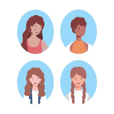 bir grup genç kadın karakter avatarları