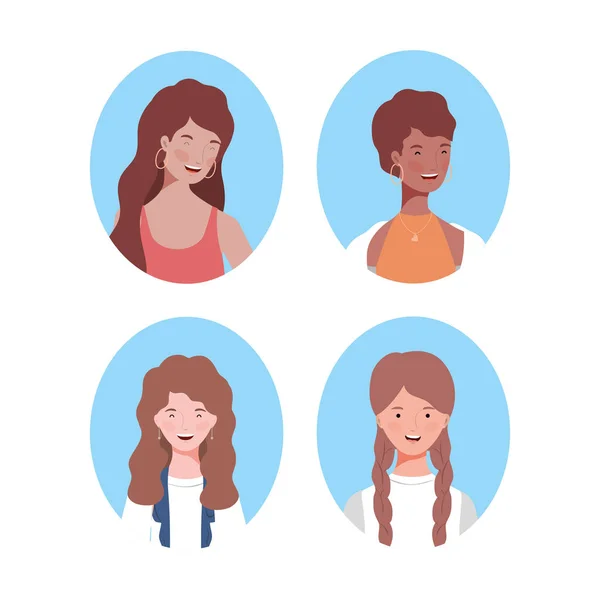 Grupo de mujeres jóvenes avatares personajes — Archivo Imágenes Vectoriales