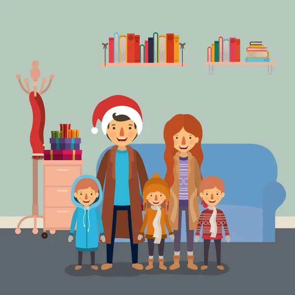Familjemedlemmar som firar jul i vardagsrummet — Stock vektor