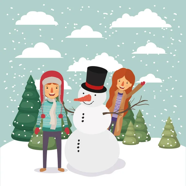 Familjemedlemmar firar jul i snölandskapet — Stock vektor