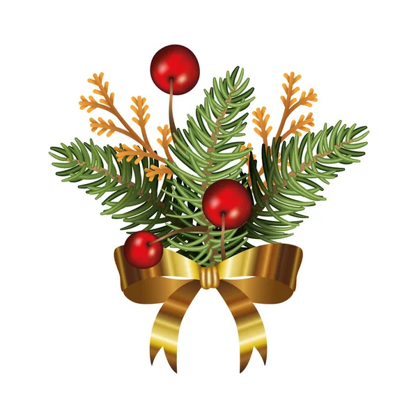 Zlatý luk Vánoce s listy a míčky — Stockový vektor