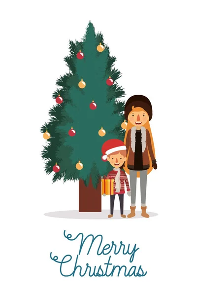 소나무로 크리스마스를 축하하는 가족 성원들 — 스톡 벡터