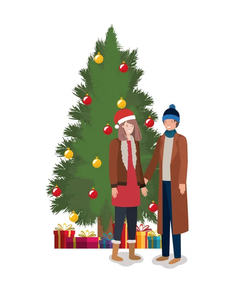 Paar mit Tannenbaum Weihnachten — Stockvektor