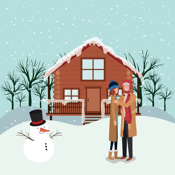 与雪人共度圣诞的年轻夫妇 — 图库矢量图片