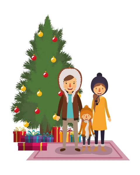 Familieleden vieren kerst met dennenboom — Stockvector