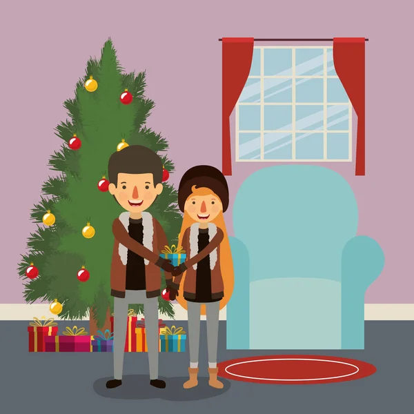 Family couple celebrating christmas with pine tree — Stock Vector