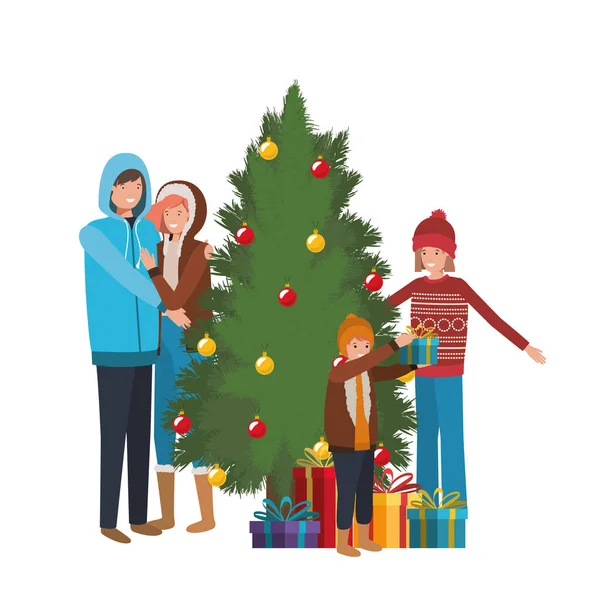 Familieleden met dennenboom kerstmis — Stockvector