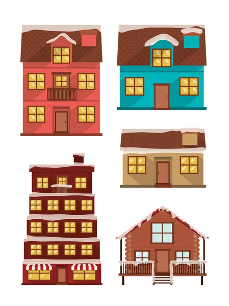 Bundle of houses facades with snow — Stock Vector