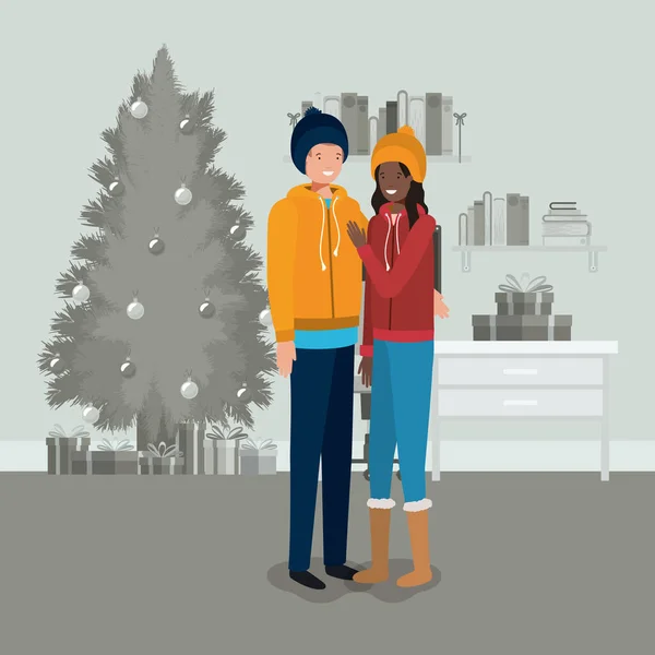 Молодая пара с сосновой елкой Рождество крытый дом — стоковый вектор