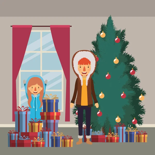 Familjemedlemmar firar jul med tall i huset — Stock vektor