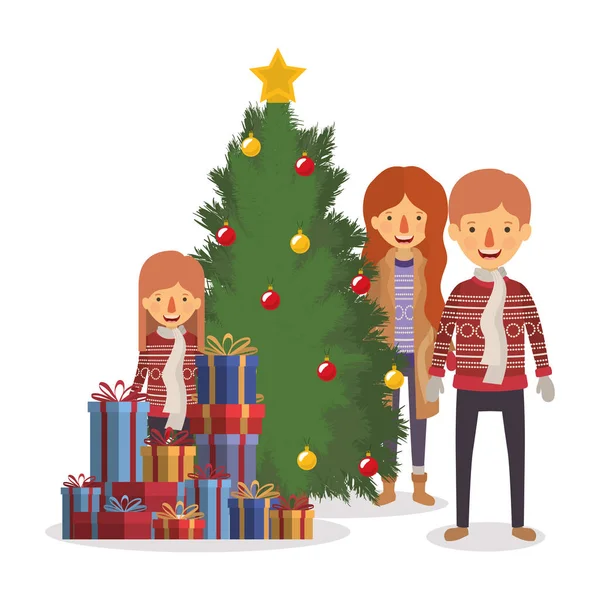 Family members celebrating christmas with pine tree — Stock Vector