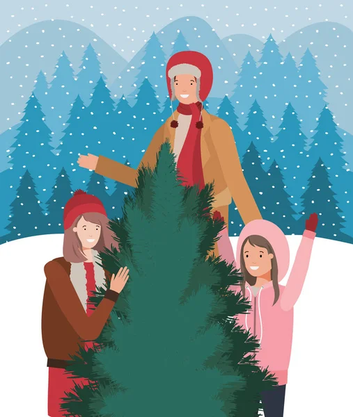 Ungdomar med pinjeträd julfirande — Stock vektor