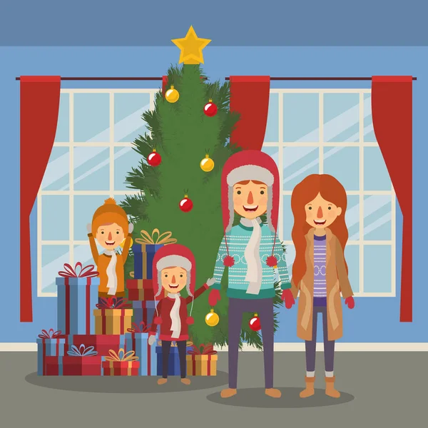 Familieleden vieren kerstmis met dennenboom in huis — Stockvector