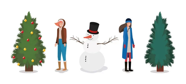 Mädchen mit Kiefern und Schneemannweihnacht — Stockvektor
