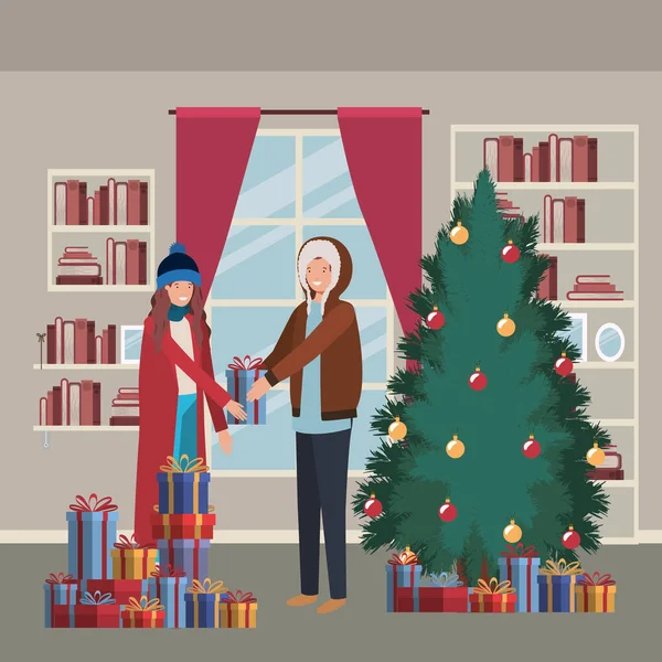 Junges Paar mit Tannenbaum Weihnachten im Haus — Stockvektor