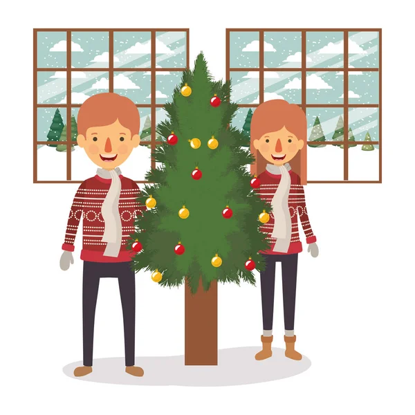 Család pár ünnepli karácsony fenyőfa — Stock Vector