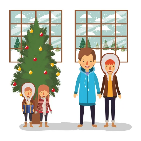 Familjemedlemmar firar jul med tall — Stock vektor