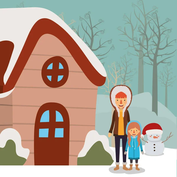 Familjemedlemmar firar jul utomhus huset — Stock vektor