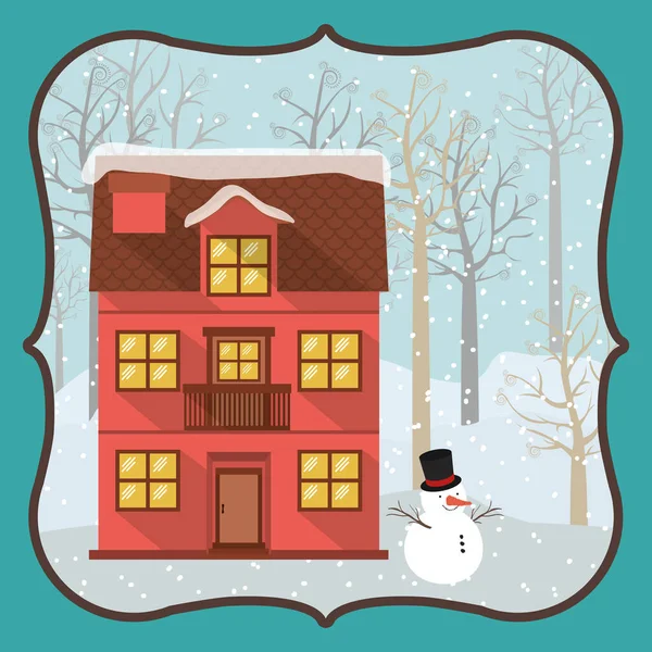 Feliz tarjeta de navidad feliz con linda casa — Vector de stock