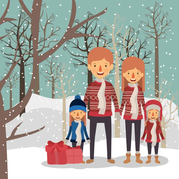 Familieleden die kerst vieren in het sneeuwlandschap — Stockvector