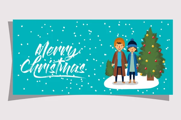 Pareja familiar celebrando navidad con pino — Vector de stock