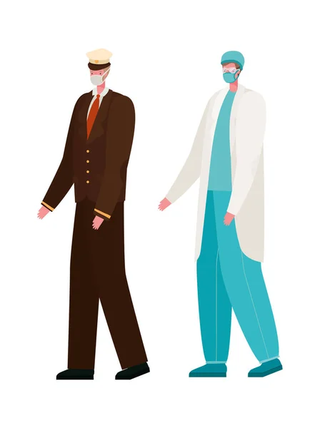 隔离男医生和带口罩的队长病媒设计 — 图库矢量图片