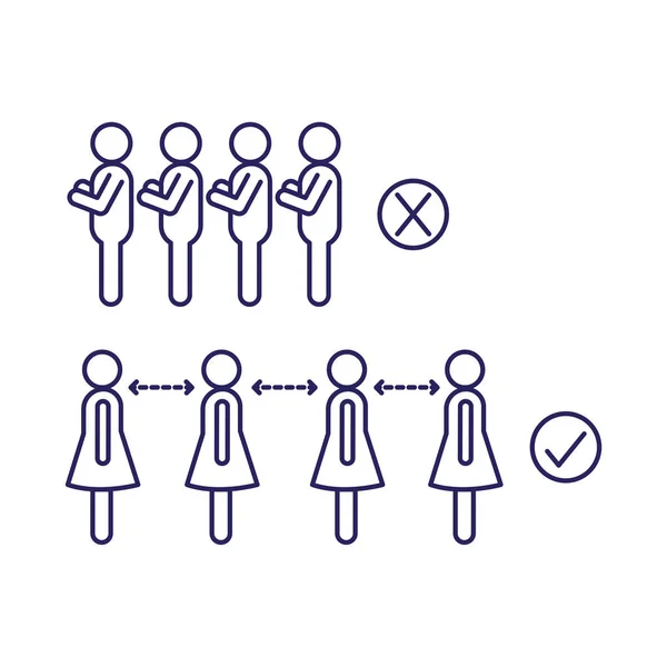 Distance sociale entre les femmes et les hommes conception vectorielle icône de style de ligne — Image vectorielle