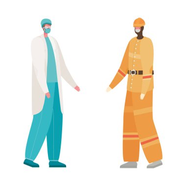 Maske vektör tasarımlı izole erkek doktor ve yapıcı.