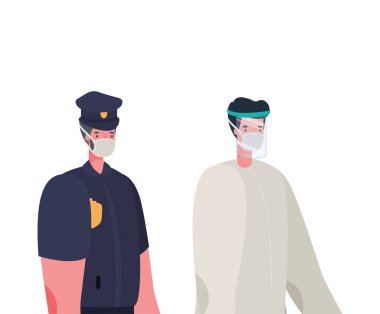 Koruma giysisi ve maske tasarımı olan bir polis ve doktor.