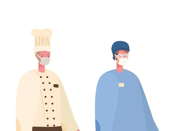 Изолированный врач и шеф-повар с векторным дизайном масок — стоковый вектор