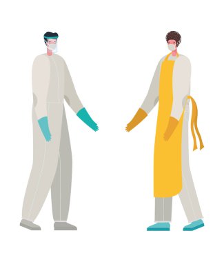 Koruyucu giysisi ve maske tasarımı olan aşçı ve doktor.