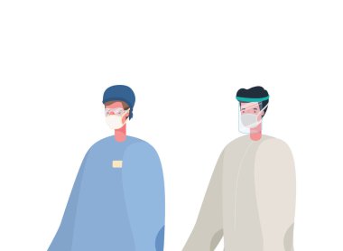 Koruyucu giysili ve maskeli doktorlar.