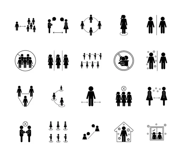 Diseño de vector de conjunto de iconos de estilo de silueta de distanciamiento social — Archivo Imágenes Vectoriales