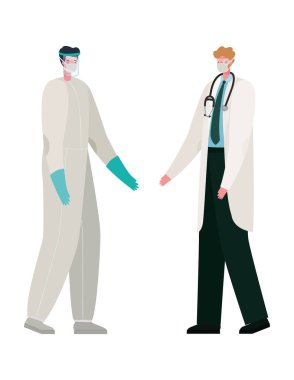 Koruyucu giysili ve maskeli doktorlar.