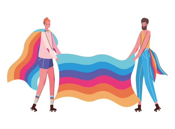 Dibujos animados de mujer y hombre con traje y diseño de vectores de bandera lgtbi — Vector de stock