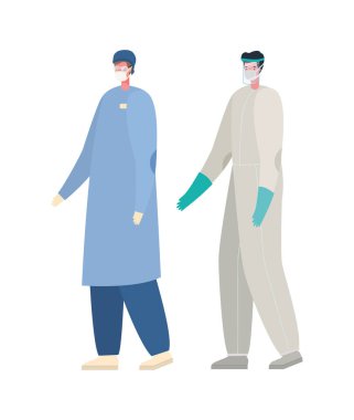 Koruyucu giysili ve maskeli doktorlar.