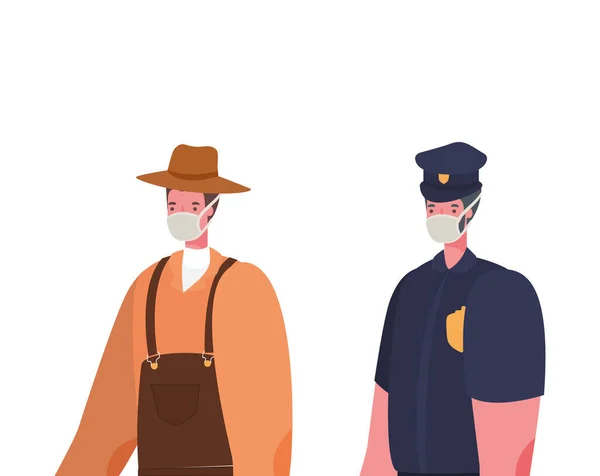 Jardineiro masculino e polícia com máscaras de design vetorial — Vetor de Stock