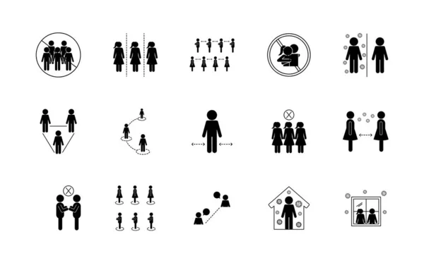 Diseño de vector de conjunto de iconos de estilo de silueta de distanciamiento social — Archivo Imágenes Vectoriales