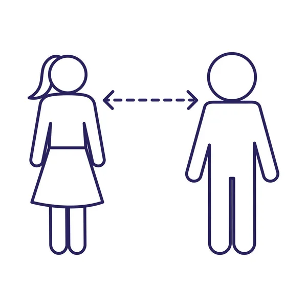 Conception vectorielle d'icône de style de ligne de distance sociale de femme et d'homme — Image vectorielle