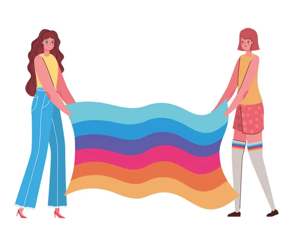 Desenhos animados de mulheres com trajes e design de vetor de bandeira lgtbi — Vetor de Stock