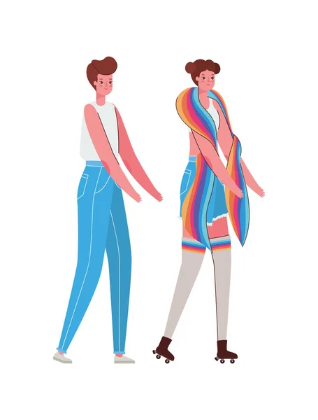 Desenhos animados de mulheres com trajes e design de vetor de bandeira lgtbi — Vetor de Stock