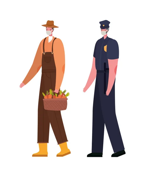 Jardineiro masculino e polícia com máscaras de design vetorial — Vetor de Stock