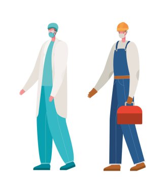 Maske vektör tasarımlı izole erkek doktor ve yapıcı.