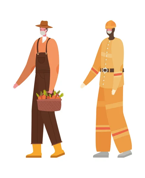 Jardineiro masculino e construtor com máscaras de design vetorial — Vetor de Stock