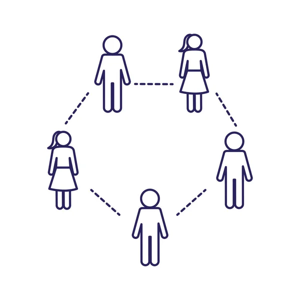 Kadınlar ve erkekler arasındaki sosyal uzaklık çizgi biçim vektör tasarımı — Stok Vektör