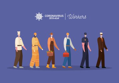 Üniformalı ve maskeli işçiler vektör tasarımı