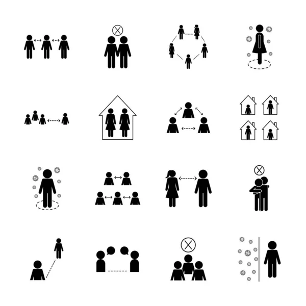 Diseño de vector de conjunto de iconos de estilo de silueta de distanciamiento social — Vector de stock