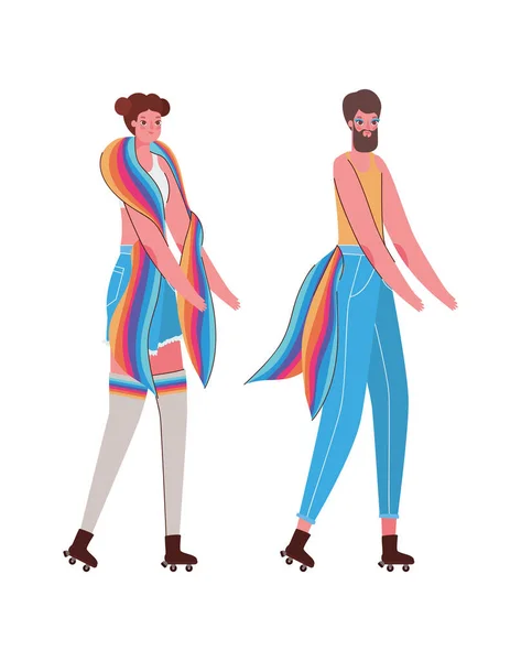 Mulher e homem desenhos animados com traje e design de vetor bandeira lgtbi — Vetor de Stock