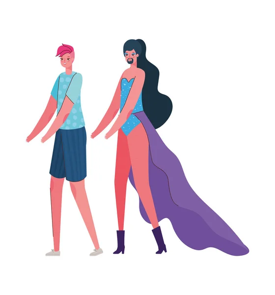 Donna e uomo cartone animato con disegno vettoriale costume — Vettoriale Stock